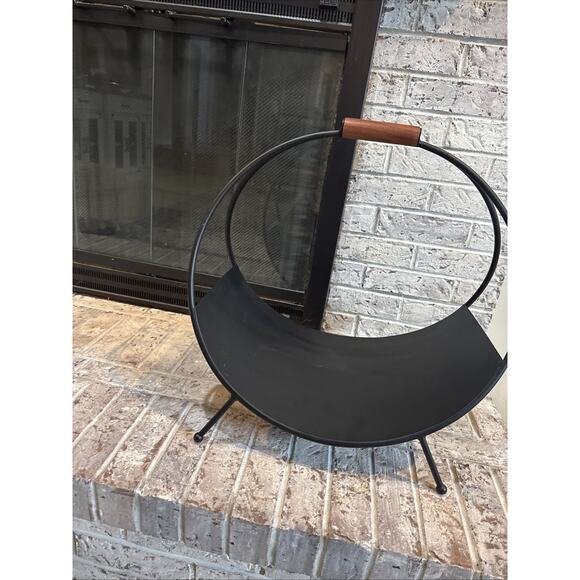 Mid-Century Modern Black Metal Hoop Firewood Rack w/ Wooden Handle – 21” Tall - Picture 2 of 8